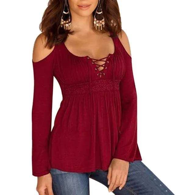 2017 Autumn Women long sleeve Blouse off shoulder long shirts sexy women tops and blouse Bandage Femininas  plus size 5XL