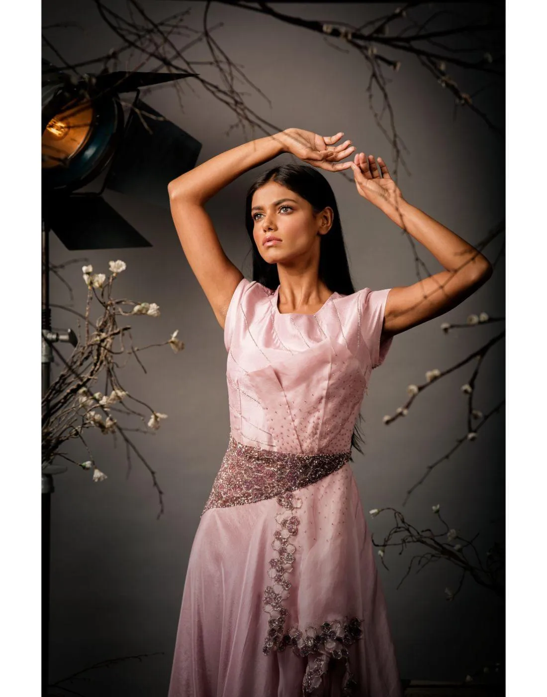 Baby Pink Organza Gown with Belt - Rent