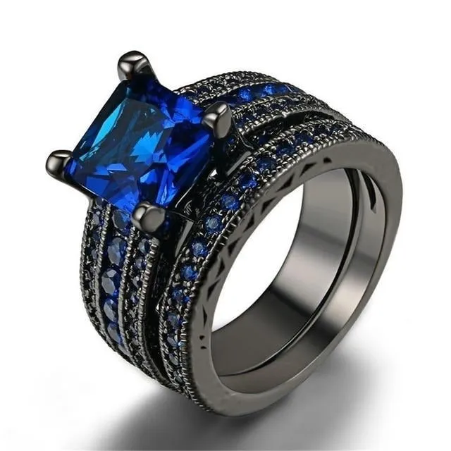 Black Celtic Dragon Inlay and Blue Cubic Zirconia Stainless Steel Wedding Ring Set