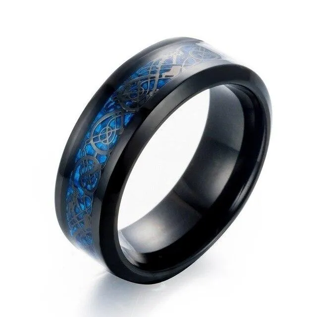 Black Celtic Dragon Inlay and Blue Cubic Zirconia Stainless Steel Wedding Ring Set