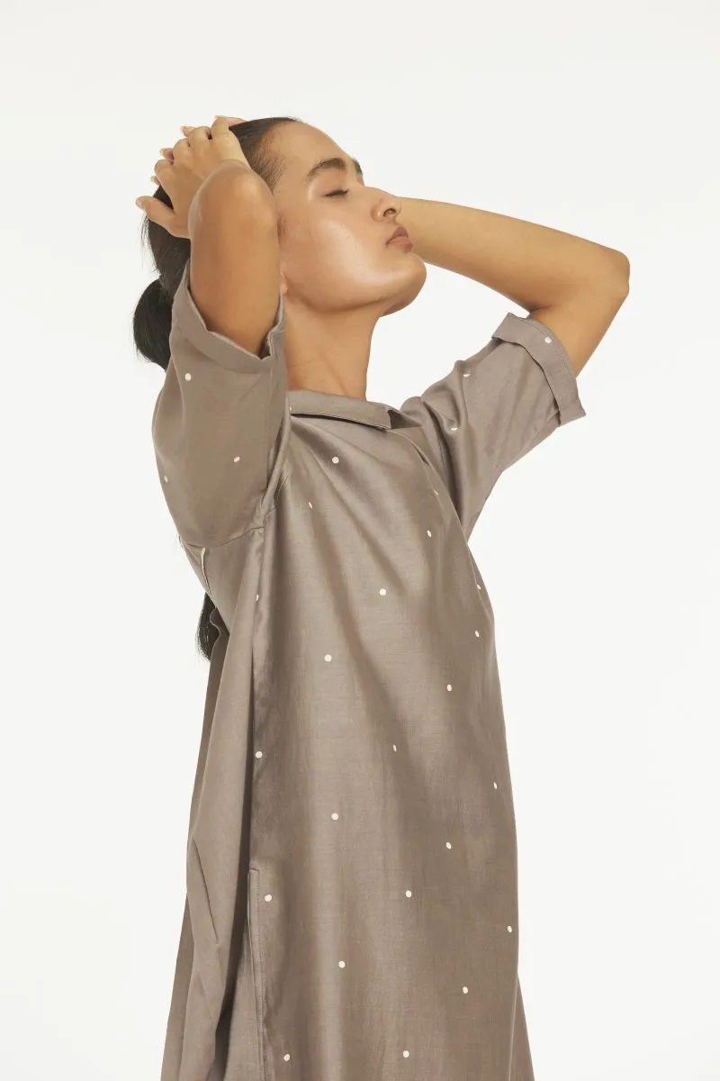 Collar Neck Back Pleat Shirt Greige Polka