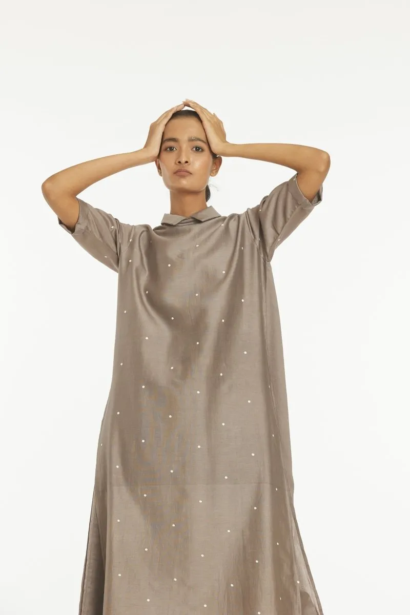 Collar Neck Back Pleat Shirt Greige Polka