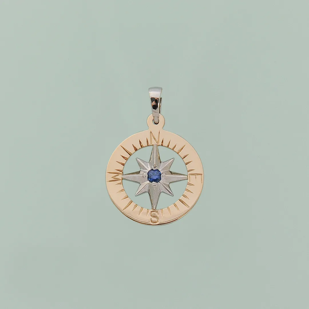 Compass Rose Classic 3/4 14K Two-Tone Gold Hand-Engraved Pendant