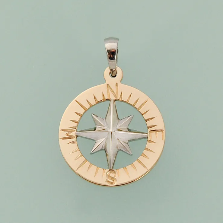 Compass Rose Classic 3/4 14K Two-Tone Gold Hand-Engraved Pendant