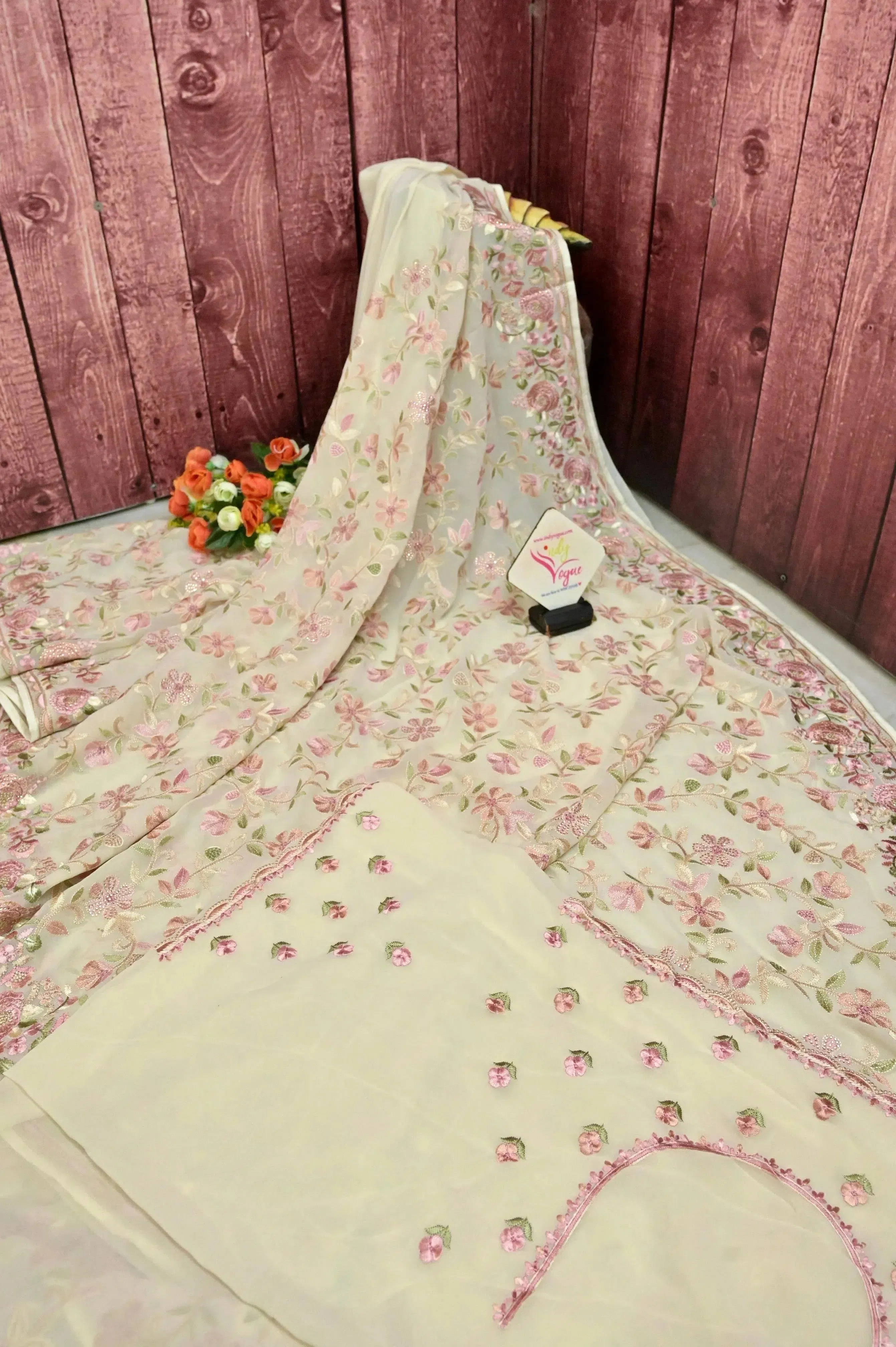 Dirty Offwhite Color Georgette Saree with Embroidery Work