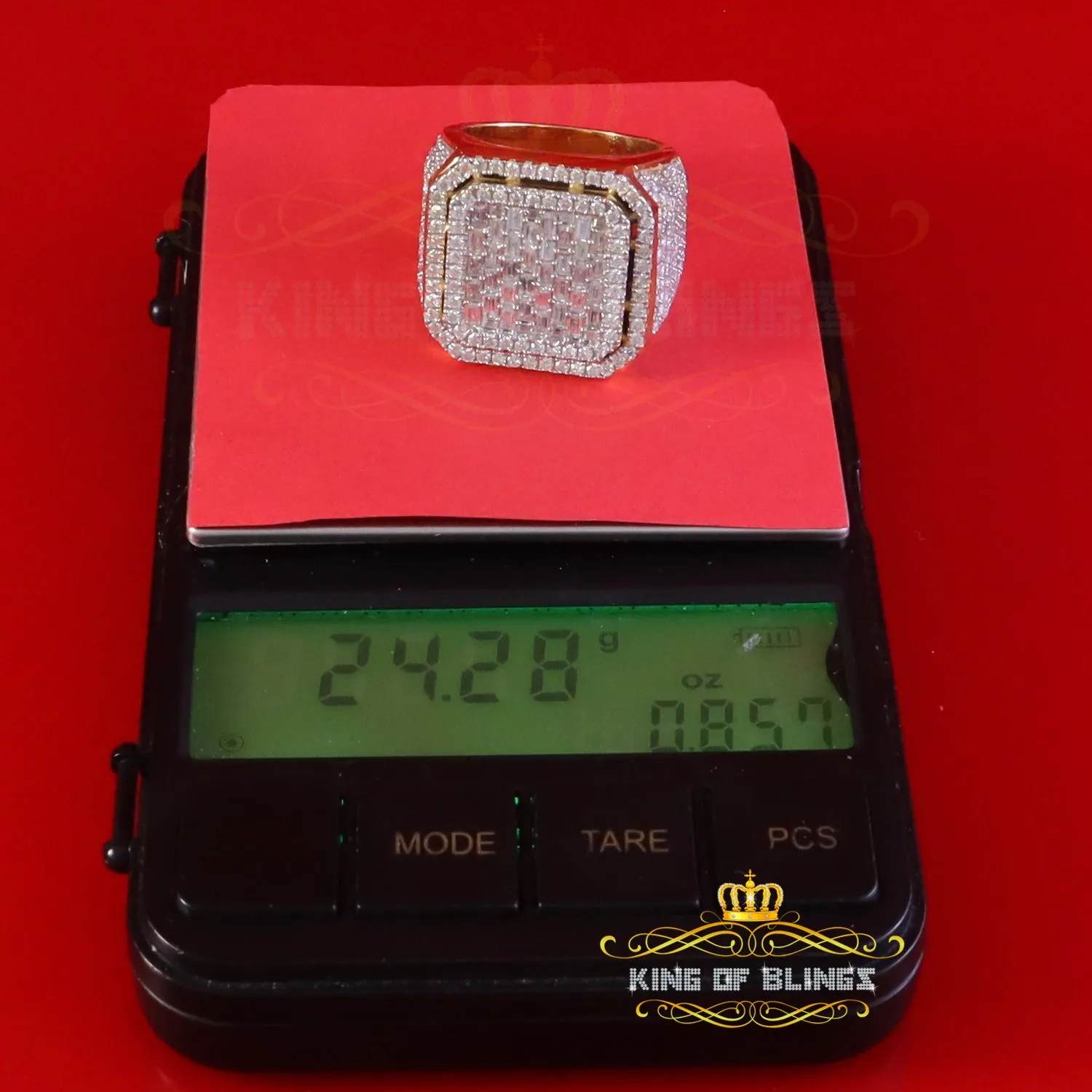 King of Bling's Men's 925 Yellow Sterling Silver 6.50ct VVS 'D' Moissanite Square Rings SZ 10