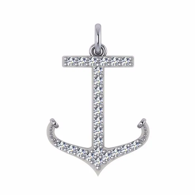 Large 14K White Gold Diamond Anchor Pendant