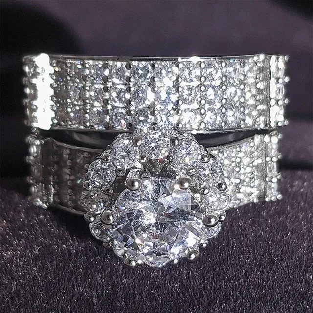 Luxury Real 925 Sterling Silver Oval Princess Cut Eternity Zirconia Ring Set
