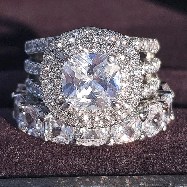Luxury Real 925 Sterling Silver Oval Princess Cut Eternity Zirconia Ring Set