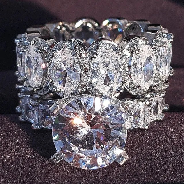 Luxury Real 925 Sterling Silver Oval Princess Cut Eternity Zirconia Ring Set