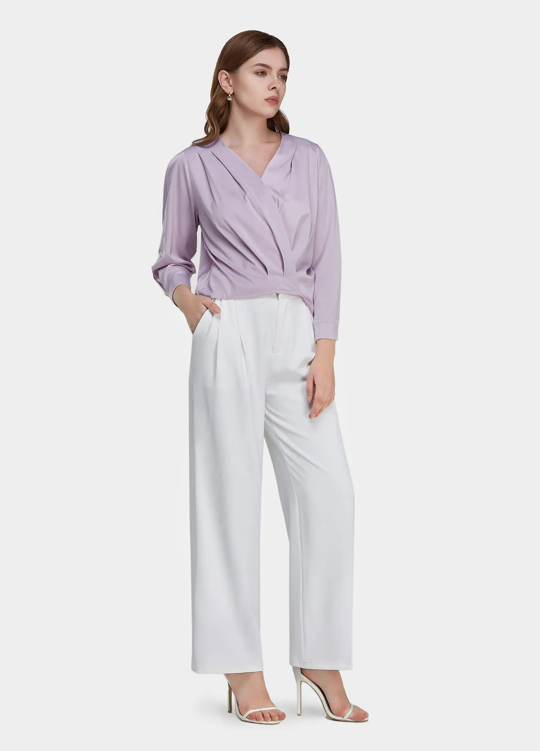 MECALA Women's Solid Surplice Neck Top