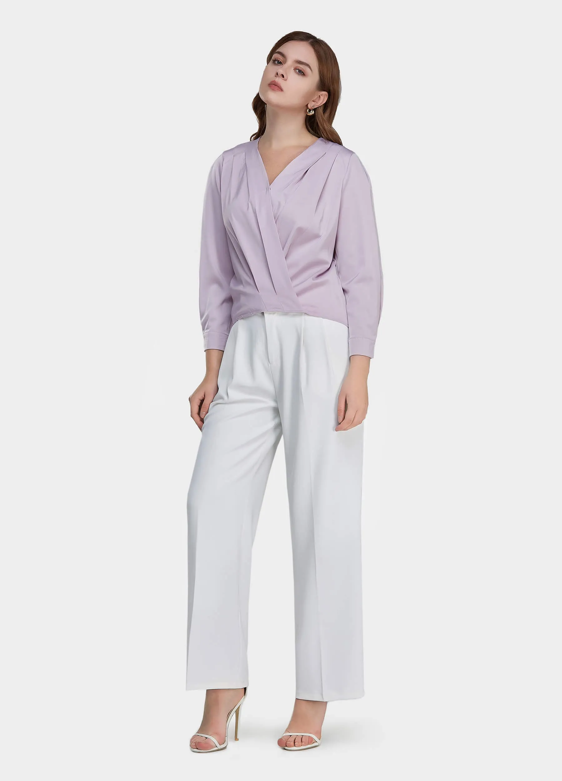MECALA Women's Solid Surplice Neck Top