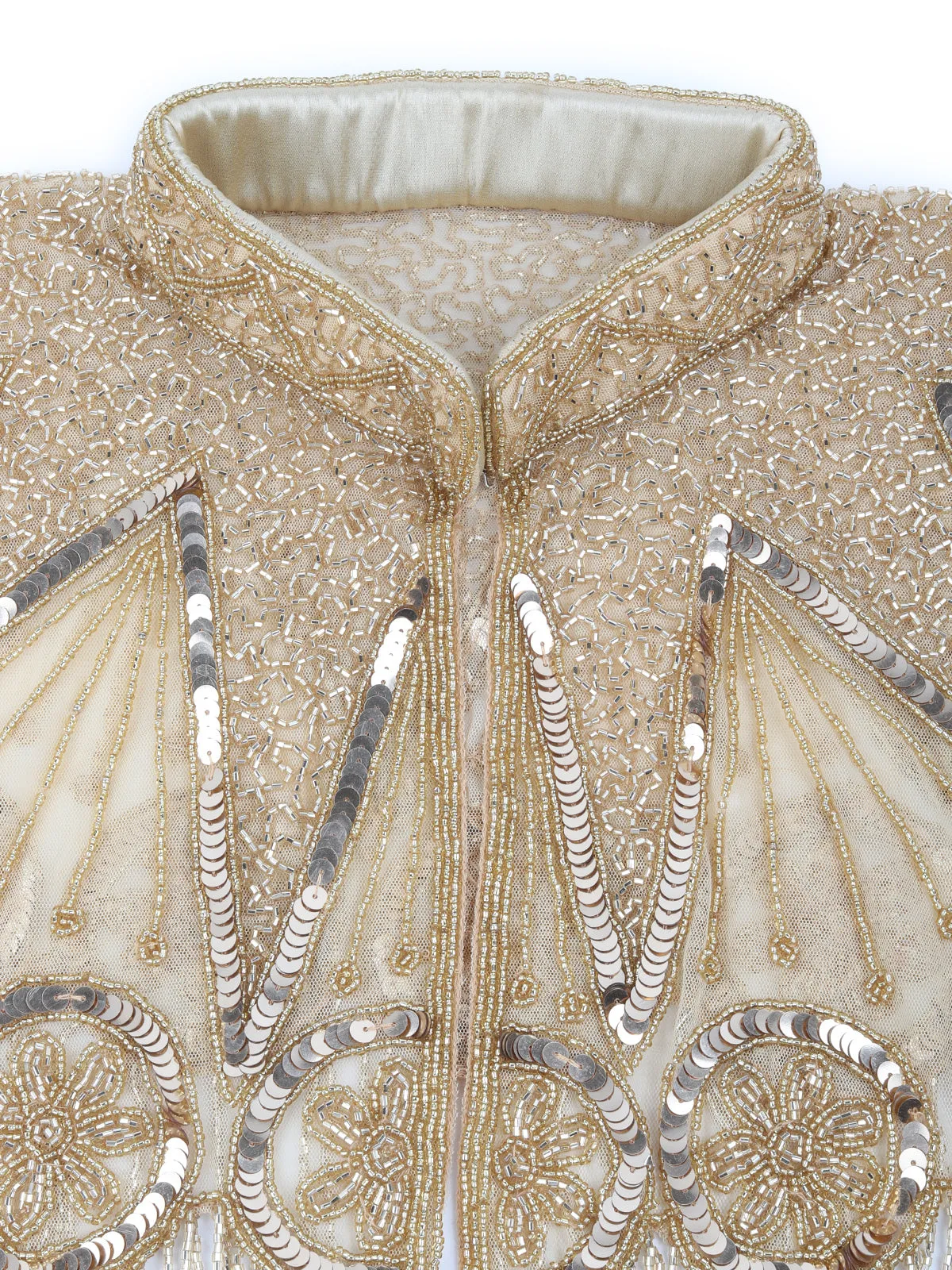 Odette Gold Sequins and Beads Embellished Tassels Cape for Women