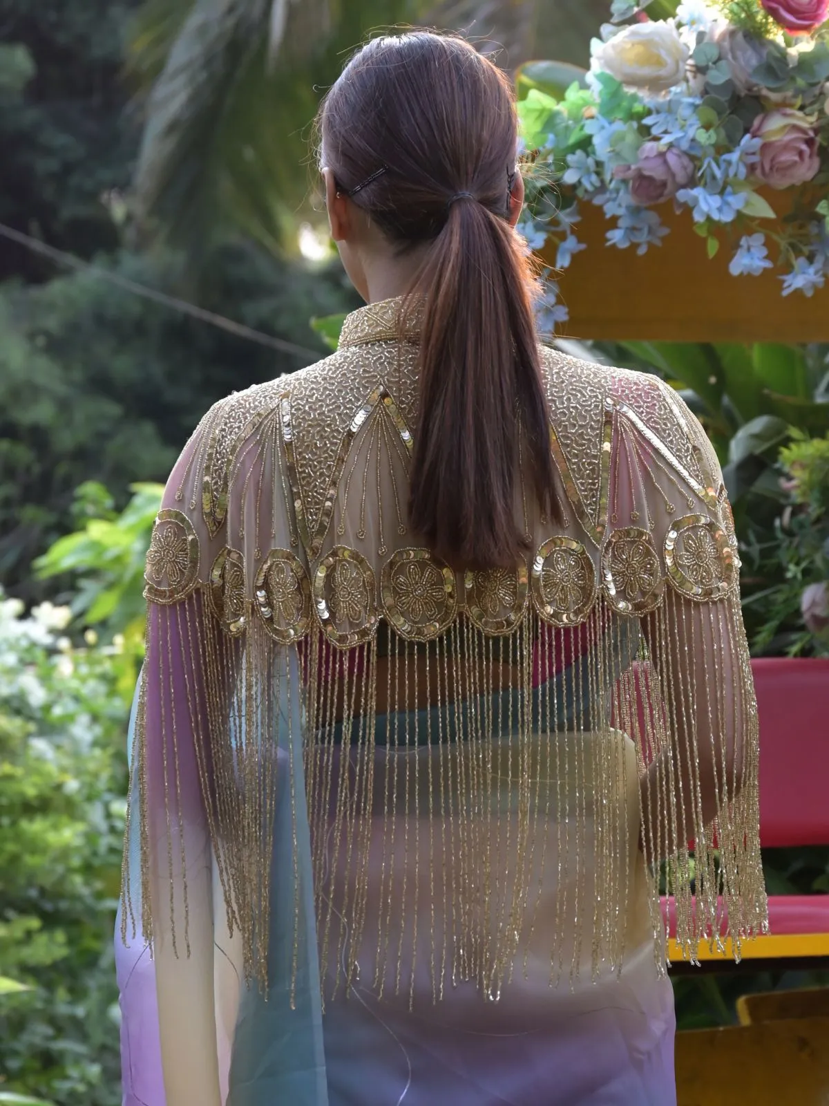 Odette Gold Sequins and Beads Embellished Tassels Cape for Women