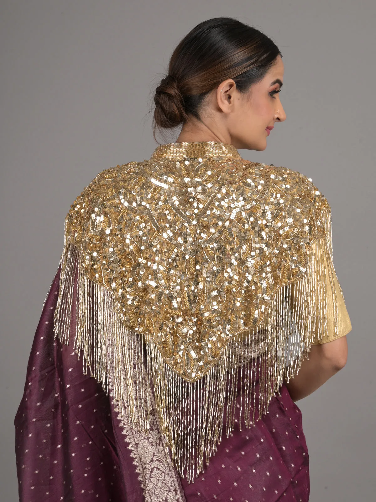 Odette Gold Sequins and Beads Embellished Tassels Cape for Women