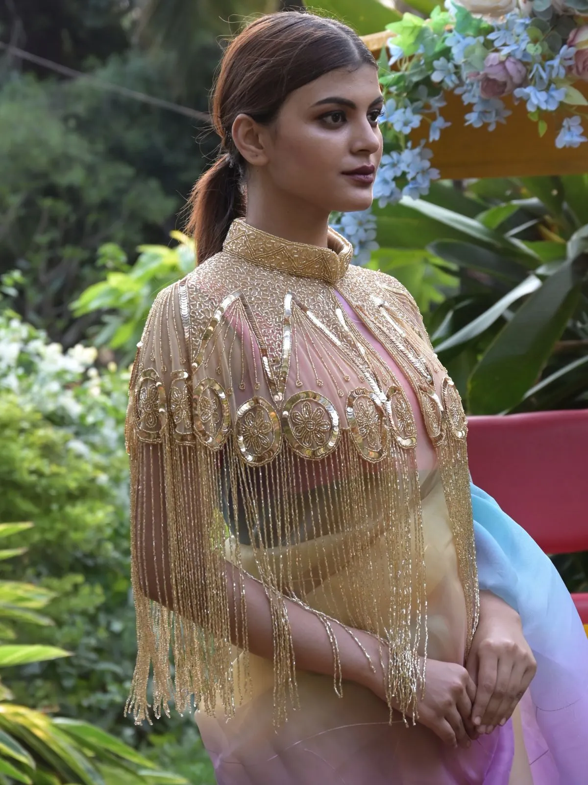 Odette Gold Sequins and Beads Embellished Tassels Cape for Women