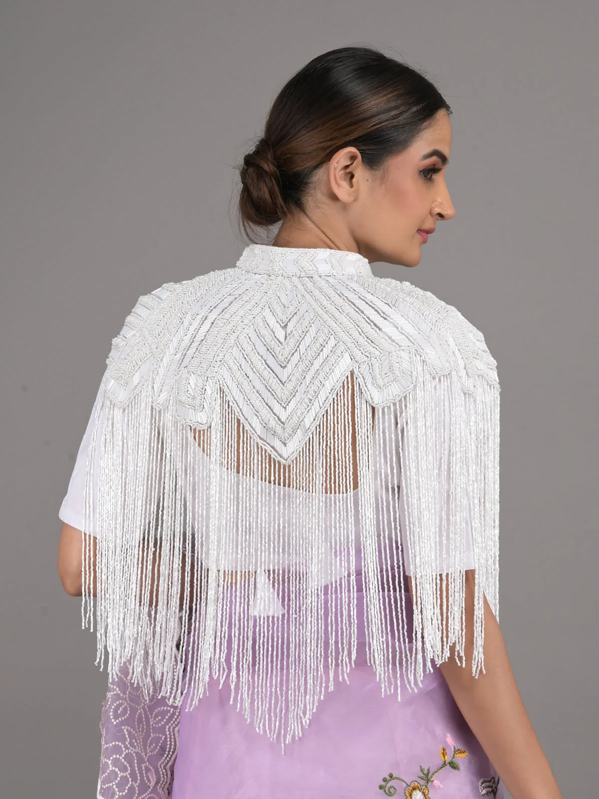 Odette White Embellished Tassels Cape for Women