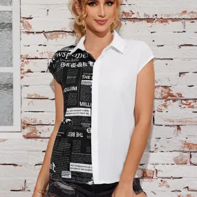 Patchwork Sleeve Newspaper Short Breasted Summer Print Single Fashion Top