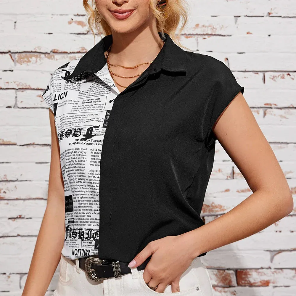 Patchwork Sleeve Newspaper Short Breasted Summer Print Single Fashion Top