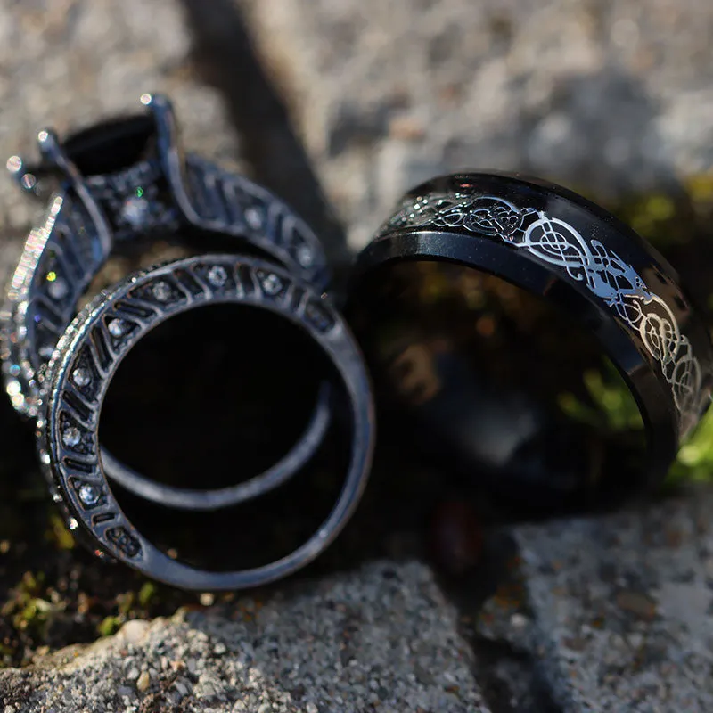 Silver Celtic Dragon Inlay and Black Rhinestone Stainless Steel Wedding Bands Set