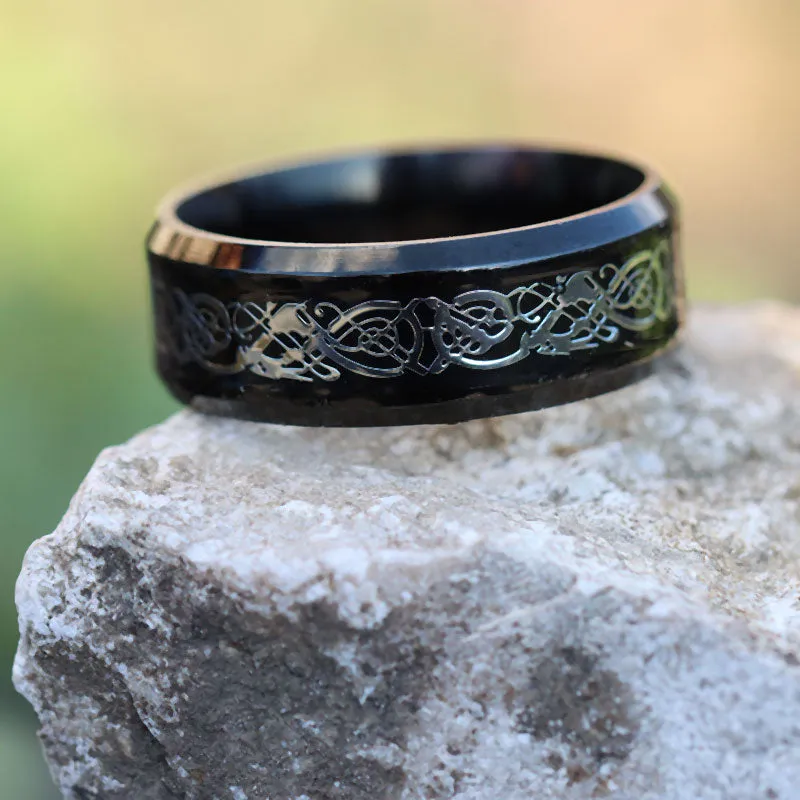 Silver Celtic Dragon Inlay and Black Rhinestone Stainless Steel Wedding Bands Set