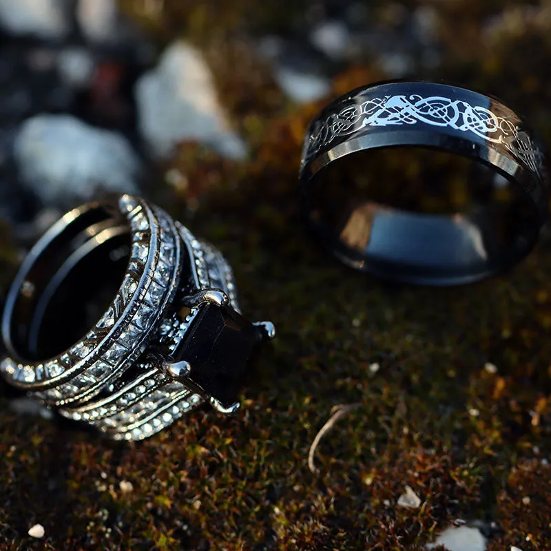 Silver Celtic Dragon Inlay and Black Rhinestone Stainless Steel Wedding Bands Set