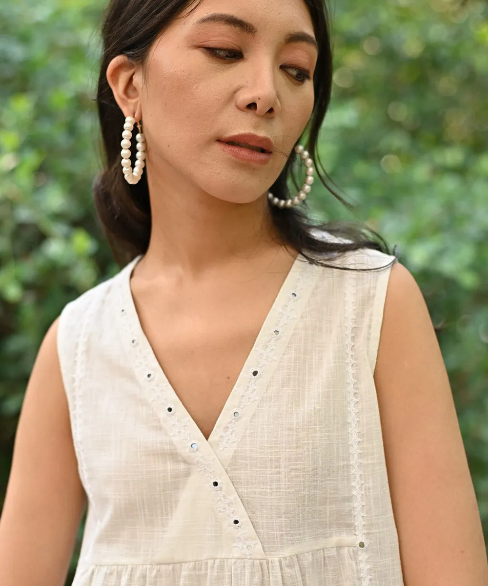 White hand embroidered cotton sleeveless top