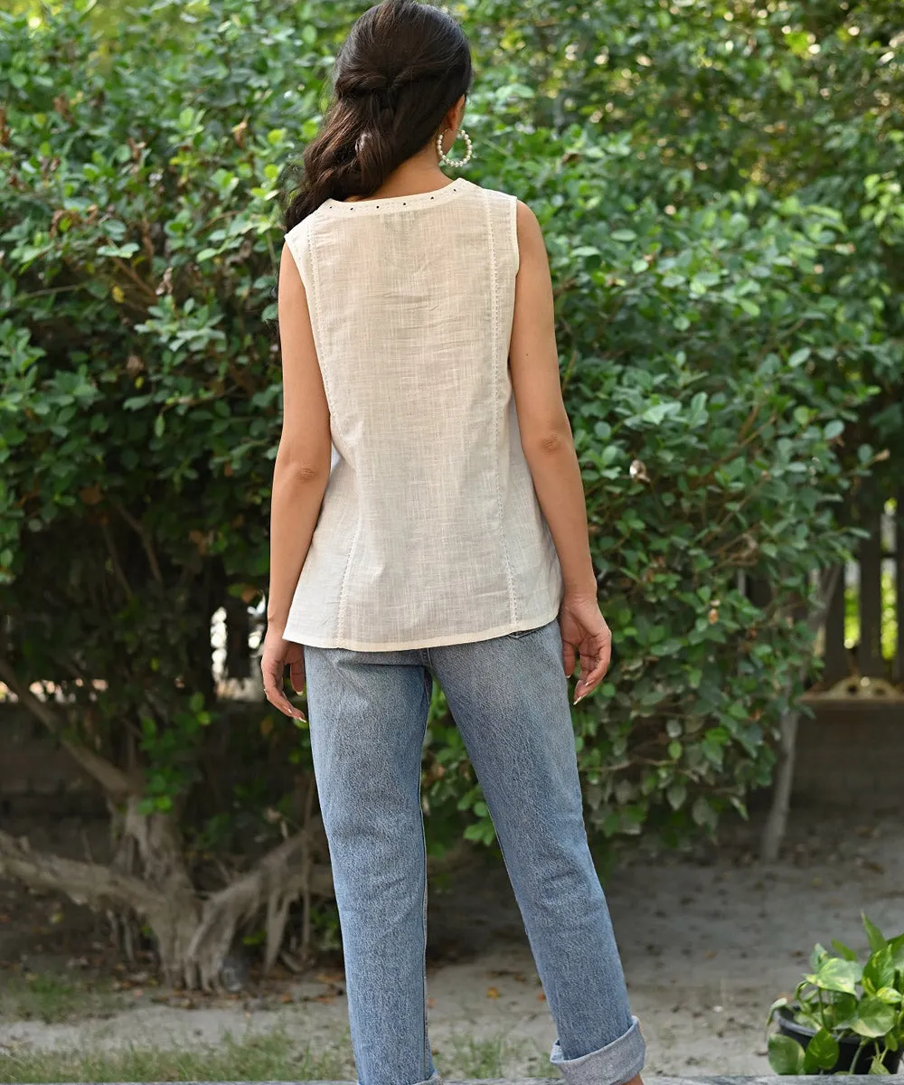 White hand embroidered cotton sleeveless top