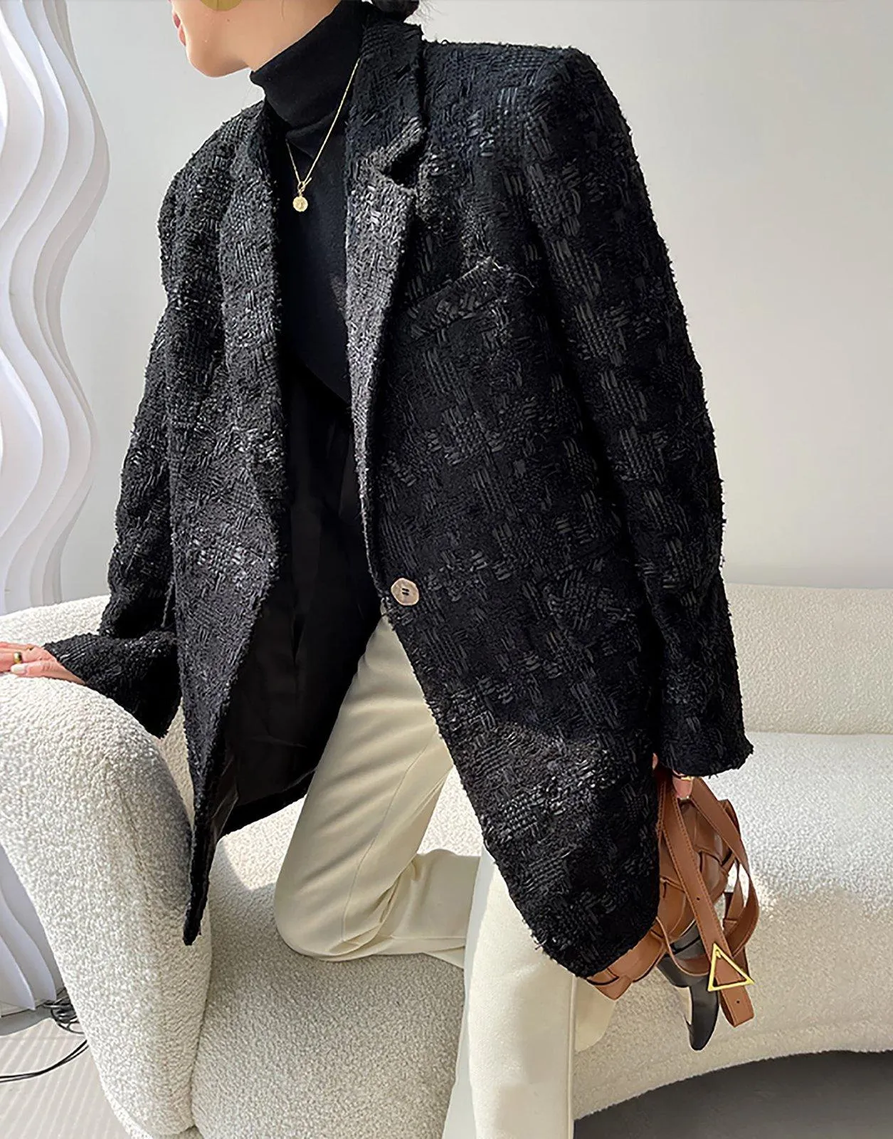Women Black Wool Blazer,Oversize Wool suit jacket,Loose one button woolen Blazer,Tweed wool blazer Coat,Autumn Wool Suit,Winter Wool Coat,