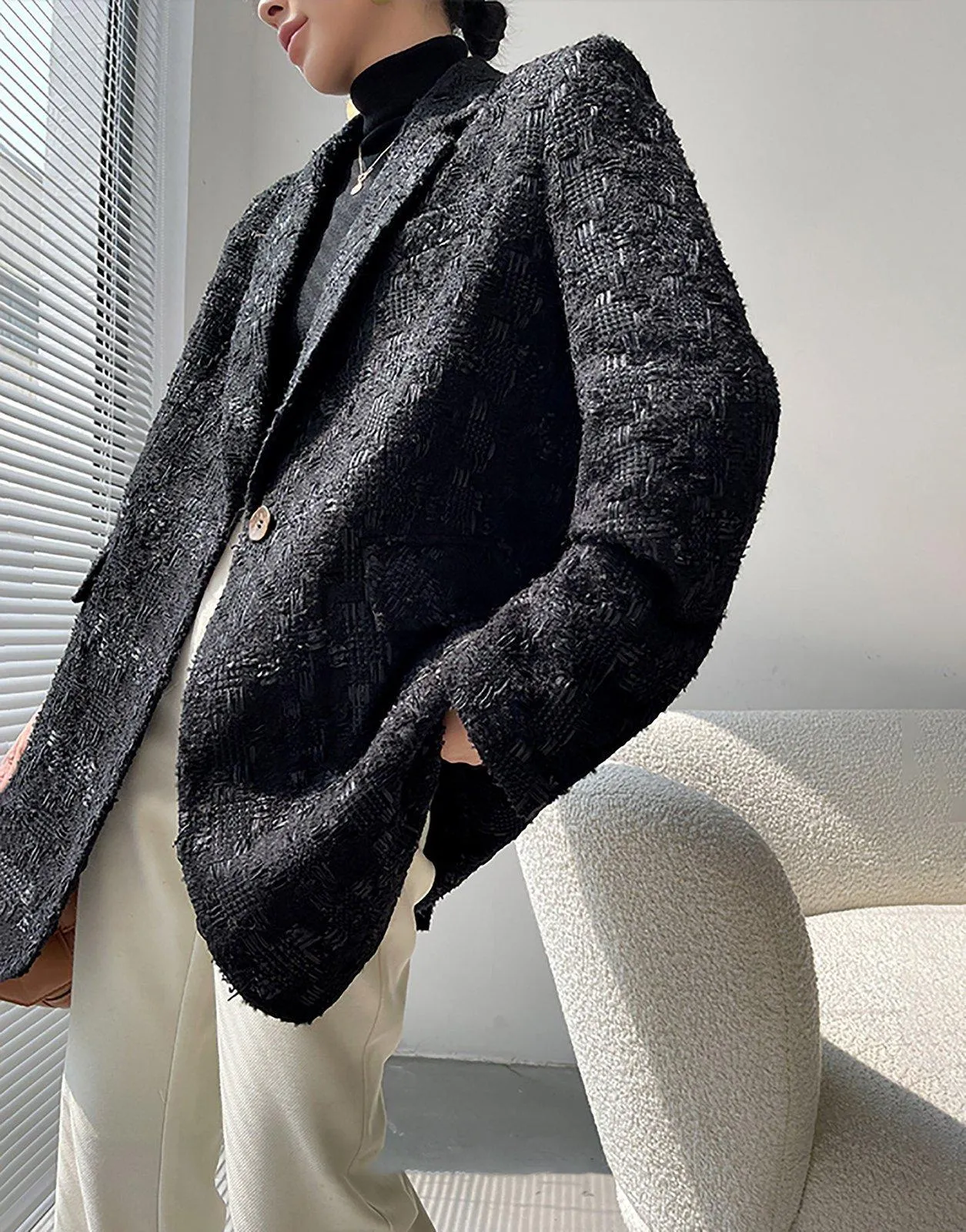 Women Black Wool Blazer,Oversize Wool suit jacket,Loose one button woolen Blazer,Tweed wool blazer Coat,Autumn Wool Suit,Winter Wool Coat,