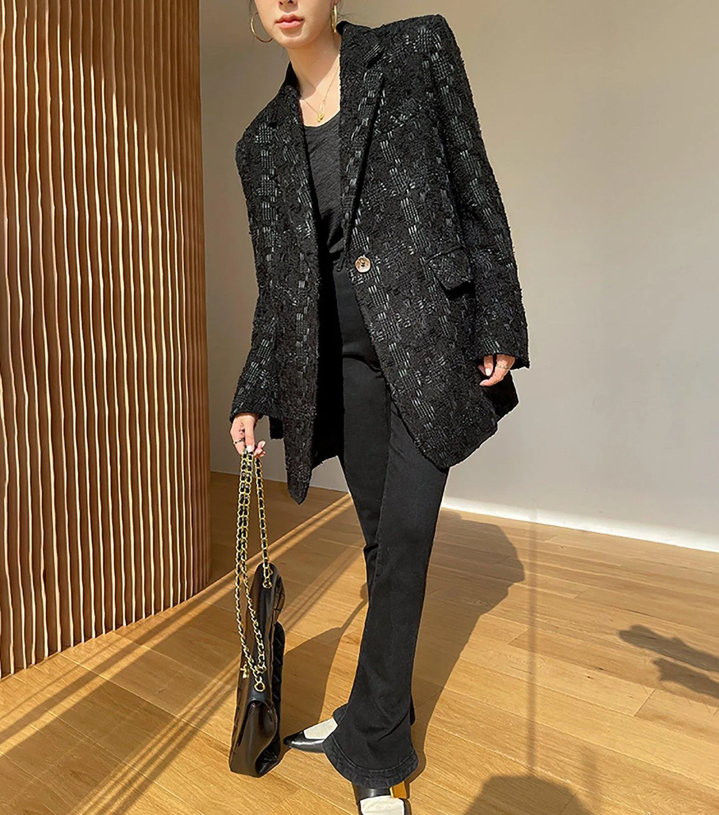 Women Black Wool Blazer,Oversize Wool suit jacket,Loose one button woolen Blazer,Tweed wool blazer Coat,Autumn Wool Suit,Winter Wool Coat,
